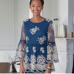 Sundance Fleur In Bloom Lace Overlay Floral Embroidered Bell Sleeve Blouse Large